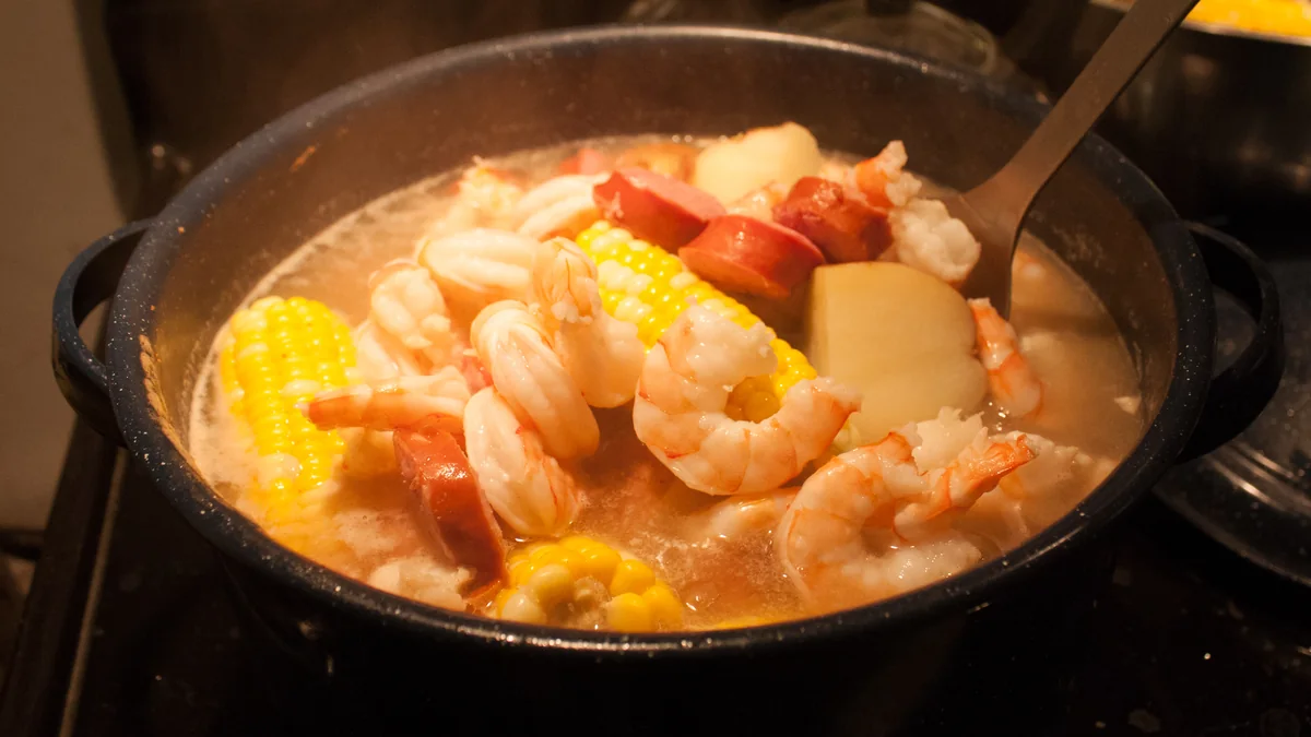 A Lowcountry shrimp boil with corn, potatoes, sausage, and shrimp