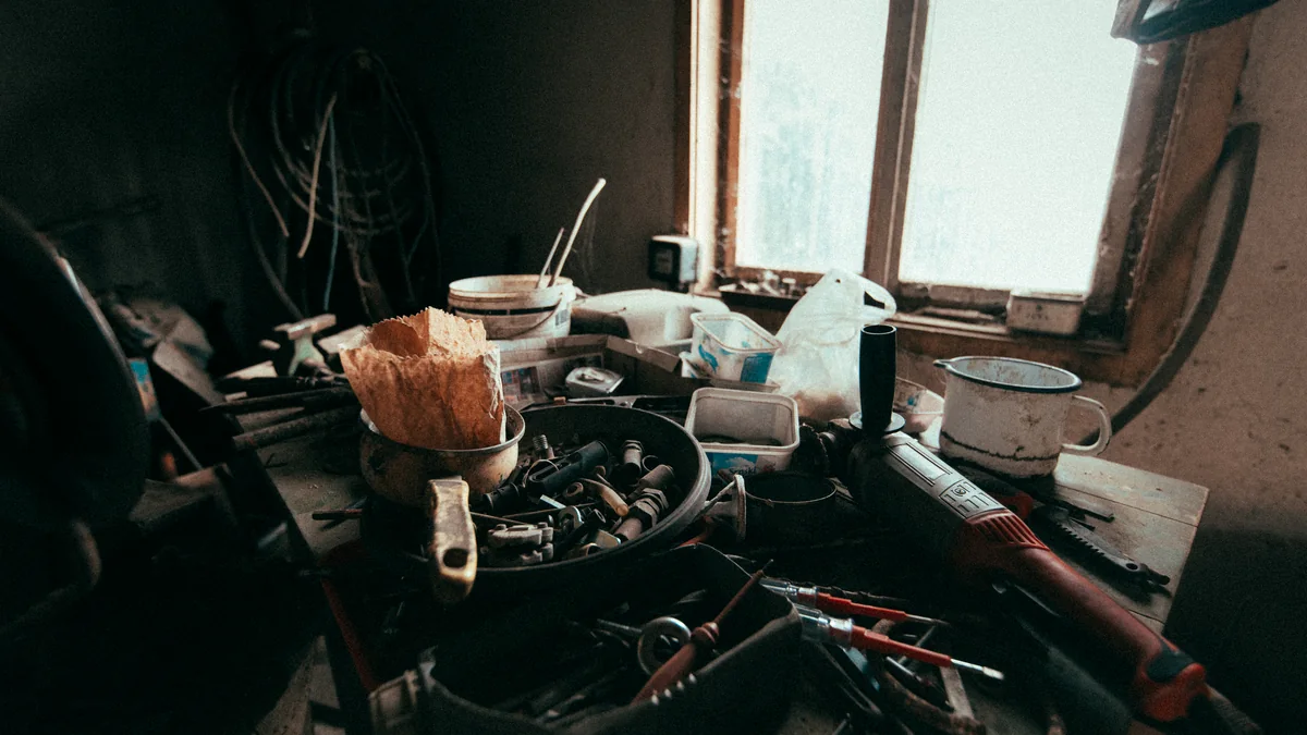 A workbench covered with hand tools and repair materials.