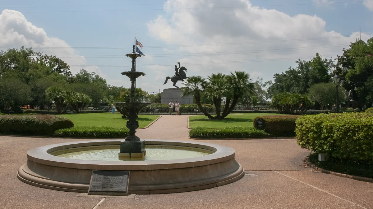Jackson Square in New Orleans with St. Louis Cathedral in the background.