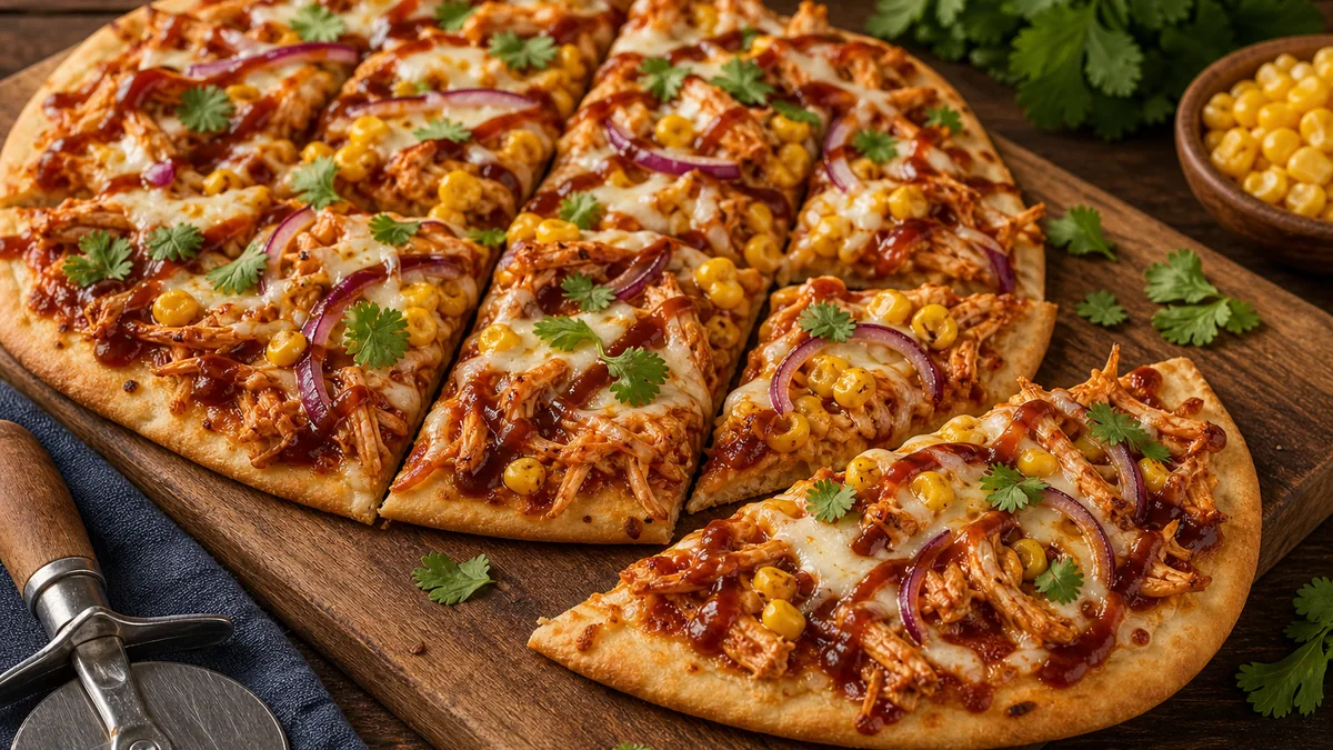 BBQ Chicken Flatbread with Red Onion and Corn plated and ready to serve.