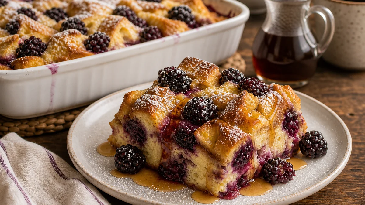 Blackberry Cobbler French Toast Bake plated and ready to serve.