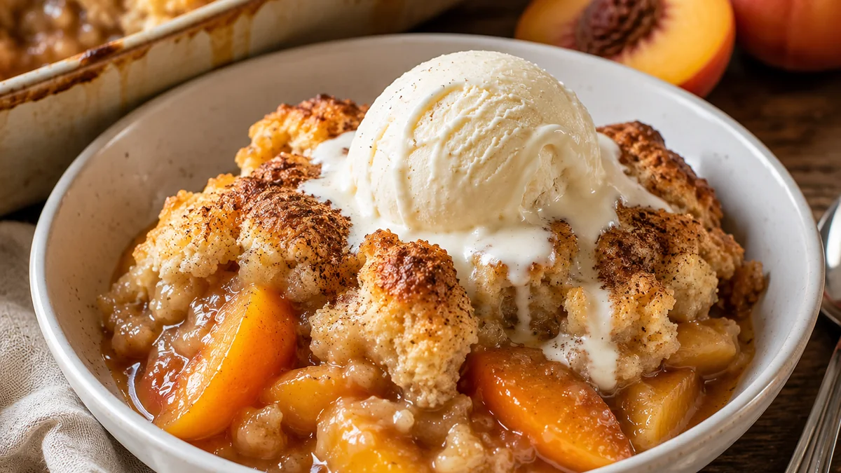 Brown butter peach cobbler with cinnamon biscuit topping and vanilla ice cream in a bowl.
