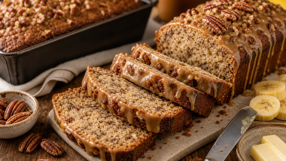 Brown Butter Pecan Banana Bread plated and ready to serve.