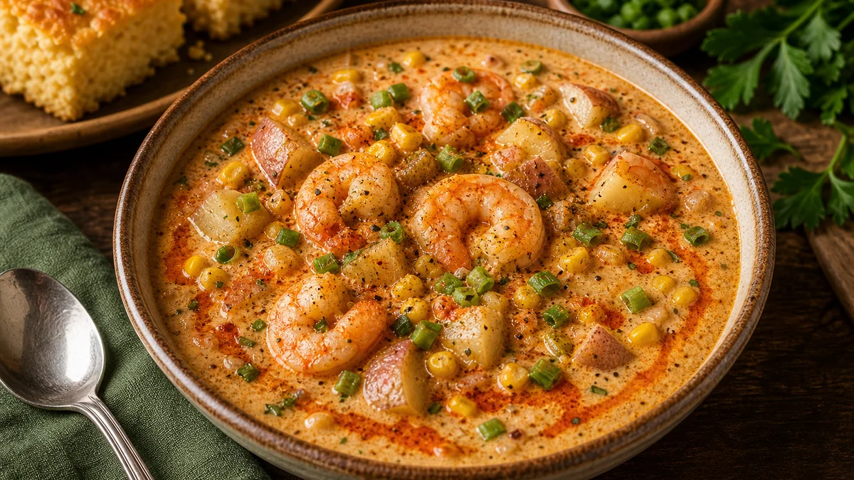 Cajun Shrimp and Corn Chowder plated and ready to serve.