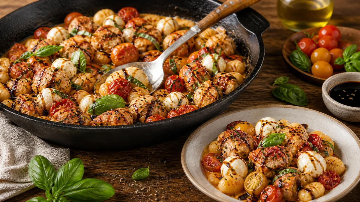 Caprese Chicken Gnocchi Skillet plated and ready to serve.