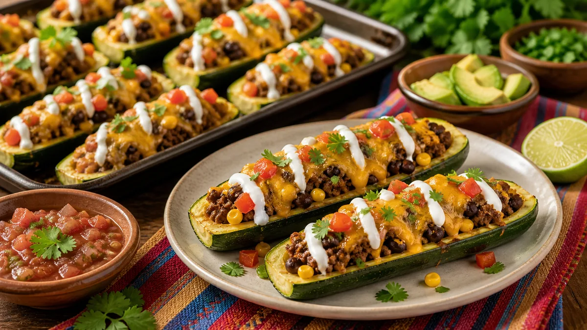 Cheesy Taco Stuffed Zucchini Boats plated and ready to serve.