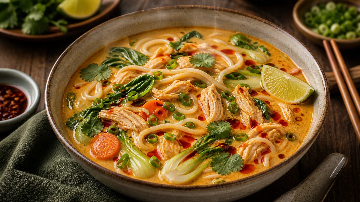 Coconut Curry Chicken Noodle Soup plated and ready to serve.