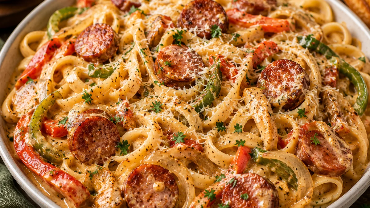 Creamy Cajun smoked sausage Alfredo with fettuccine, peppers, onions, Parmesan, and parsley.