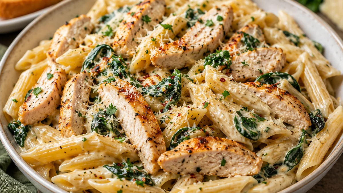 Creamy garlic Parmesan chicken and spinach pasta with penne, sliced chicken, parsley, and Parmesan.