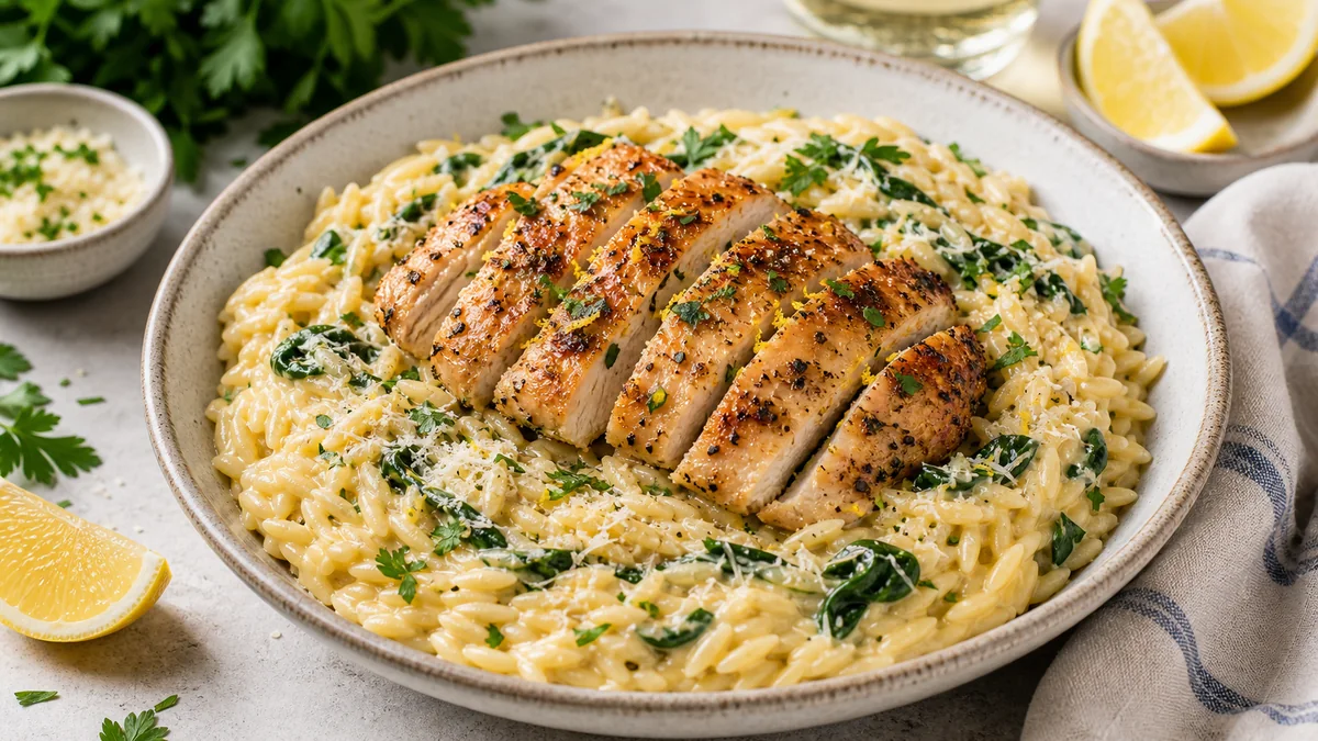 Creamy Lemon Orzo with Roasted Chicken plated and ready to serve.