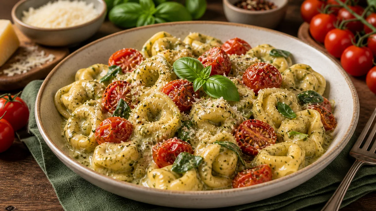 Creamy Pesto Tortellini with Roasted Tomatoes plated and ready to serve.