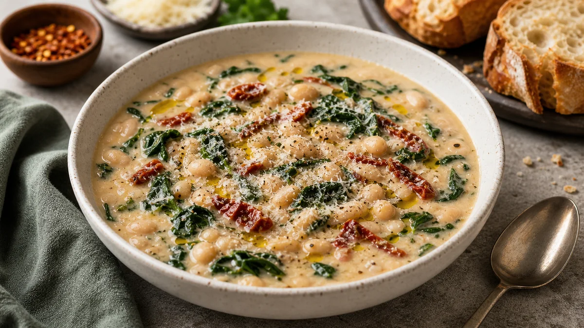 Creamy Tuscan White Bean Soup plated as a finished recipe for Mind of Griff.
