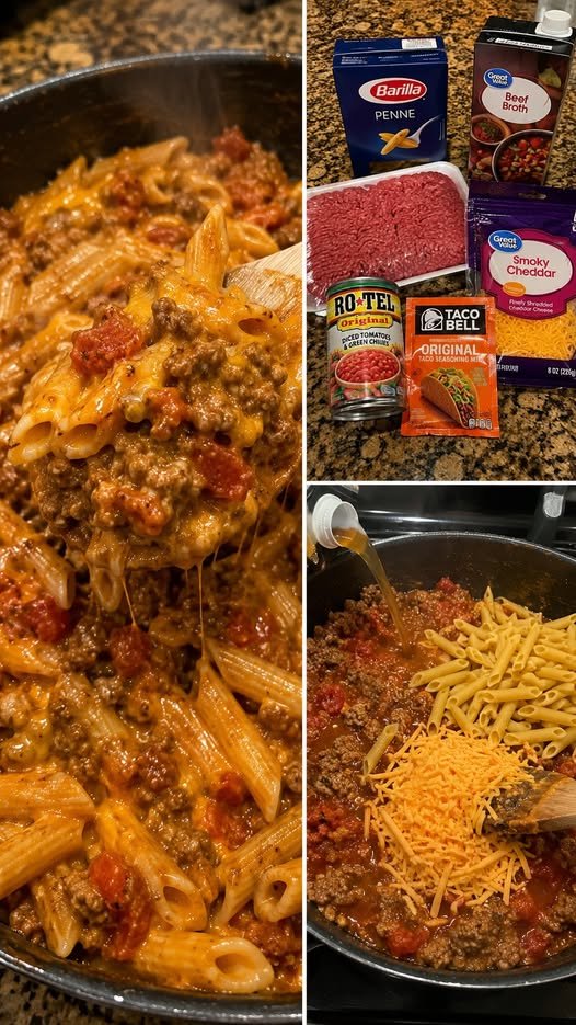 Crispy beef taco pasta with smoky cheddar ingredients and finished pasta.