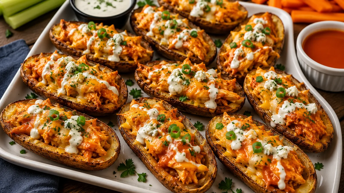 Crispy buffalo chicken stuffed potato skins with cheese, ranch drizzle, green onions, celery, and carrots.