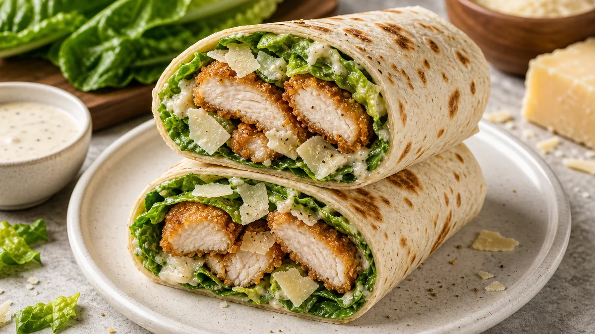 Crispy Chicken Caesar Wraps plated and ready to serve.