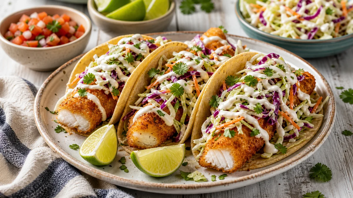 Crispy Fish Tacos with Lime Slaw plated and ready to serve.