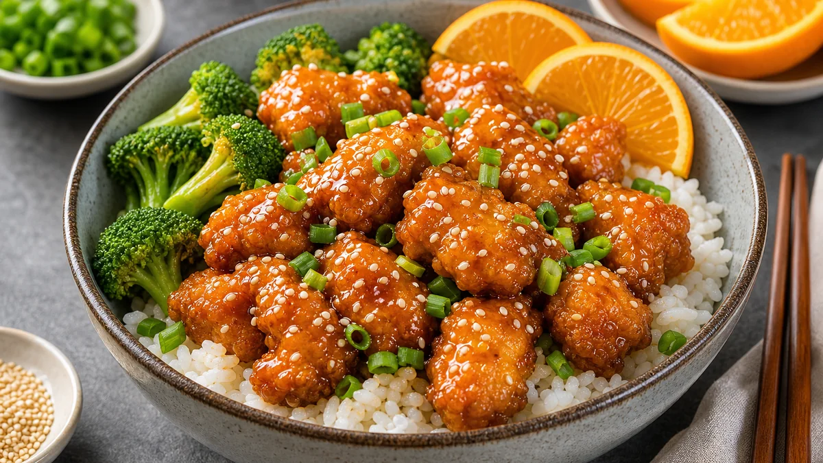 Crispy Orange Chicken Rice Bowls plated and ready to serve.