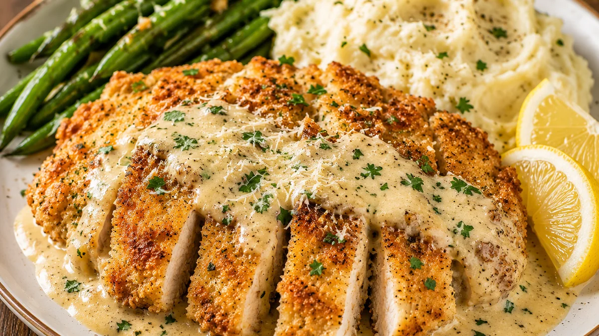 Crispy Parmesan-crusted chicken with lemon garlic cream sauce, mashed potatoes, green beans, and lemon wedges.