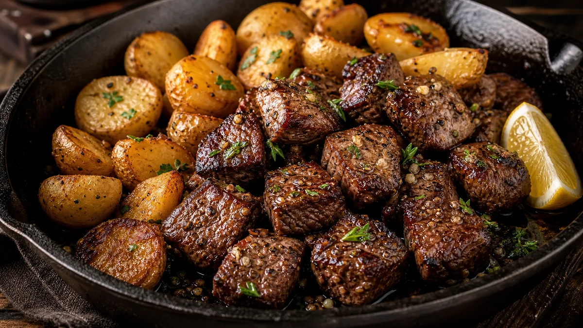 Garlic Butter Steak Bites and Crispy Potatoes plated as a finished recipe for Mind of Griff.