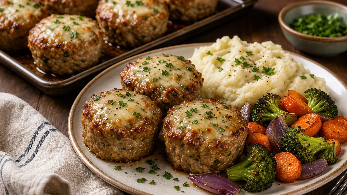 Garlic Parmesan Turkey Meatloaf Muffins plated and ready to serve.