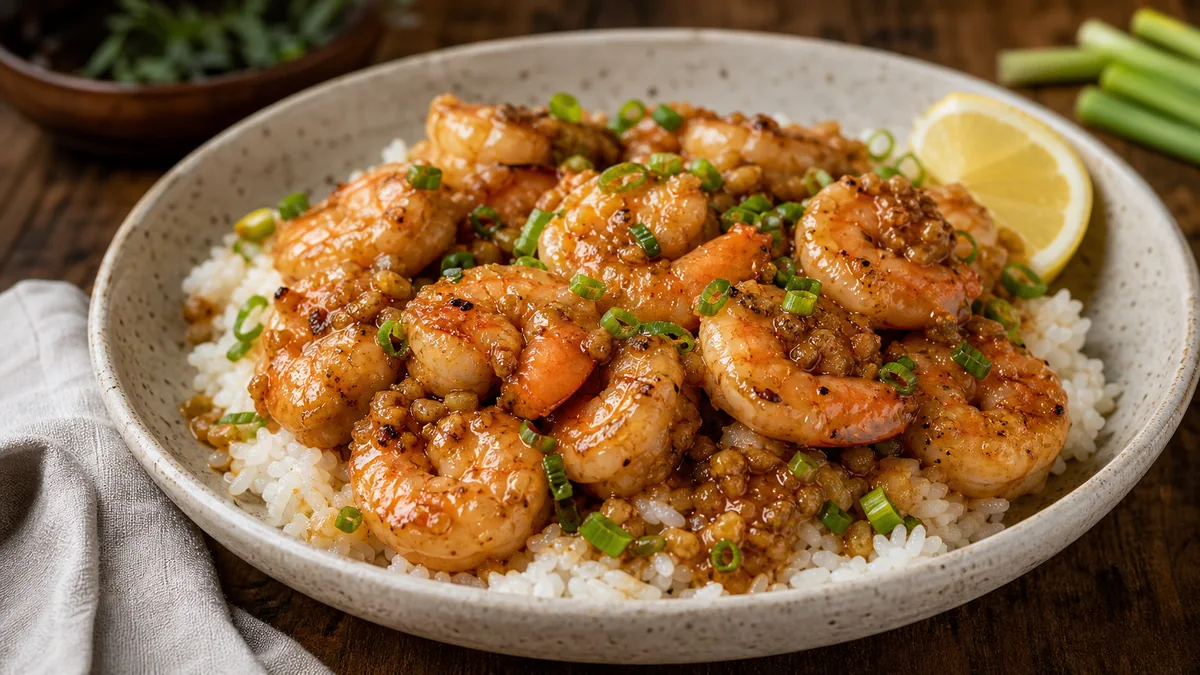 Honey Butter Garlic Shrimp Rice Skillet plated as a finished recipe for Mind of Griff.