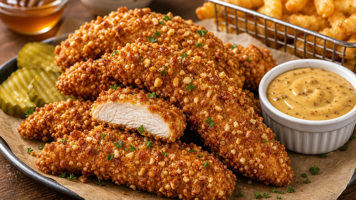 Honey Mustard Pretzel Chicken Tenders plated and ready to serve.