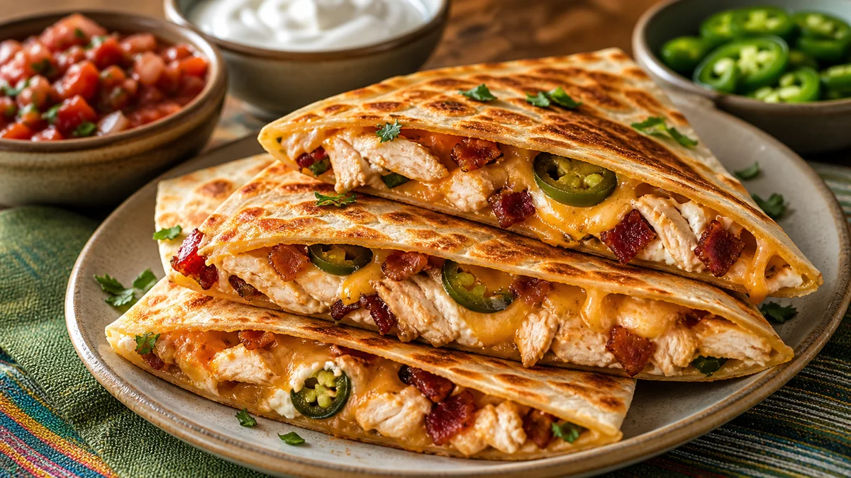 Jalapeno Popper Chicken Quesadillas plated as a finished recipe for Mind of Griff.