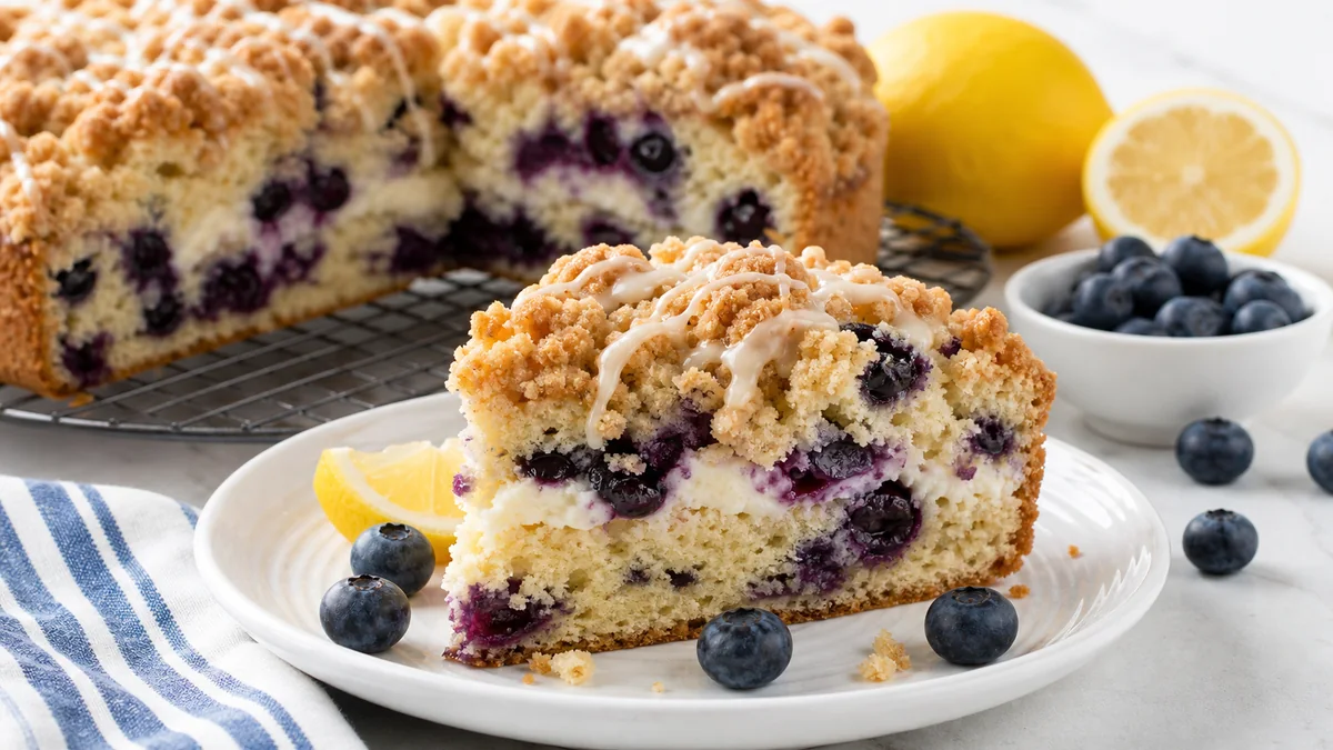 Lemon Blueberry Cream Cheese Coffee Cake plated as a finished recipe for Mind of Griff.