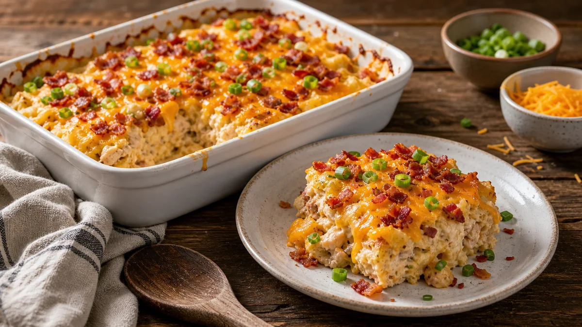 Loaded Baked Potato Chicken Casserole plated as a finished recipe for Mind of Griff.