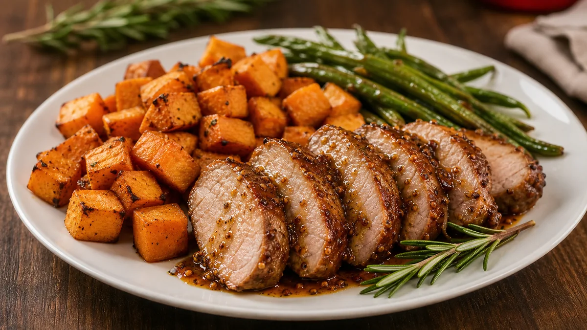 Maple Dijon Pork Tenderloin with Roasted Sweet Potatoes plated as a finished recipe for Mind of Griff.