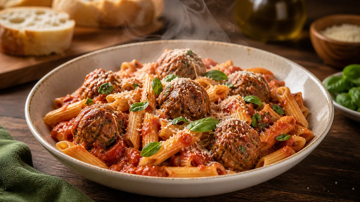 One-Pot Tomato Basil Meatball Pasta plated as a finished recipe for Mind of Griff.