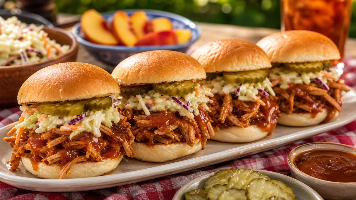 Peach BBQ Pork Sliders plated and ready to serve.