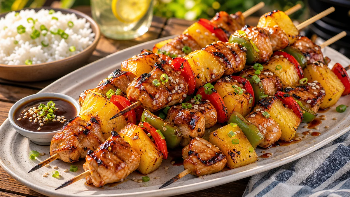 Pineapple Teriyaki Chicken Skewers plated and ready to serve.