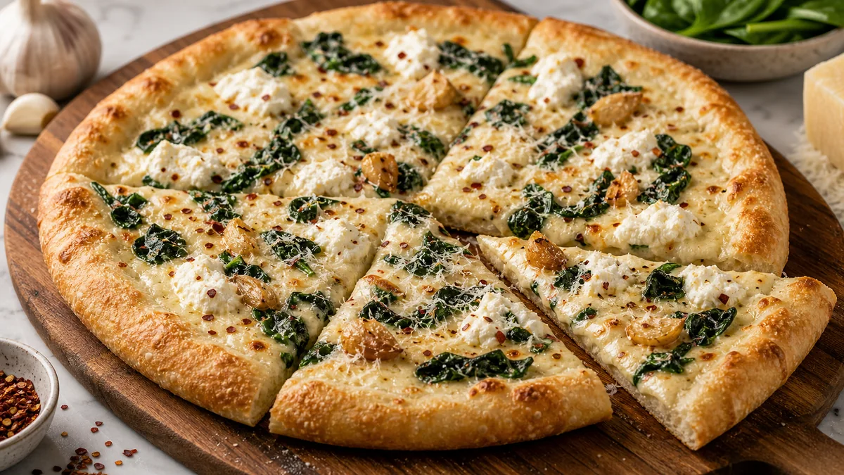 Roasted Garlic White Pizza with Spinach plated and ready to serve.