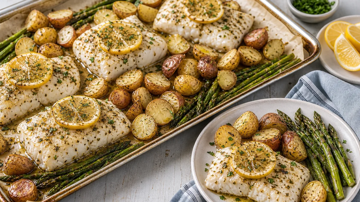 Sheet Pan Lemon Herb Cod and Potatoes plated and ready to serve.