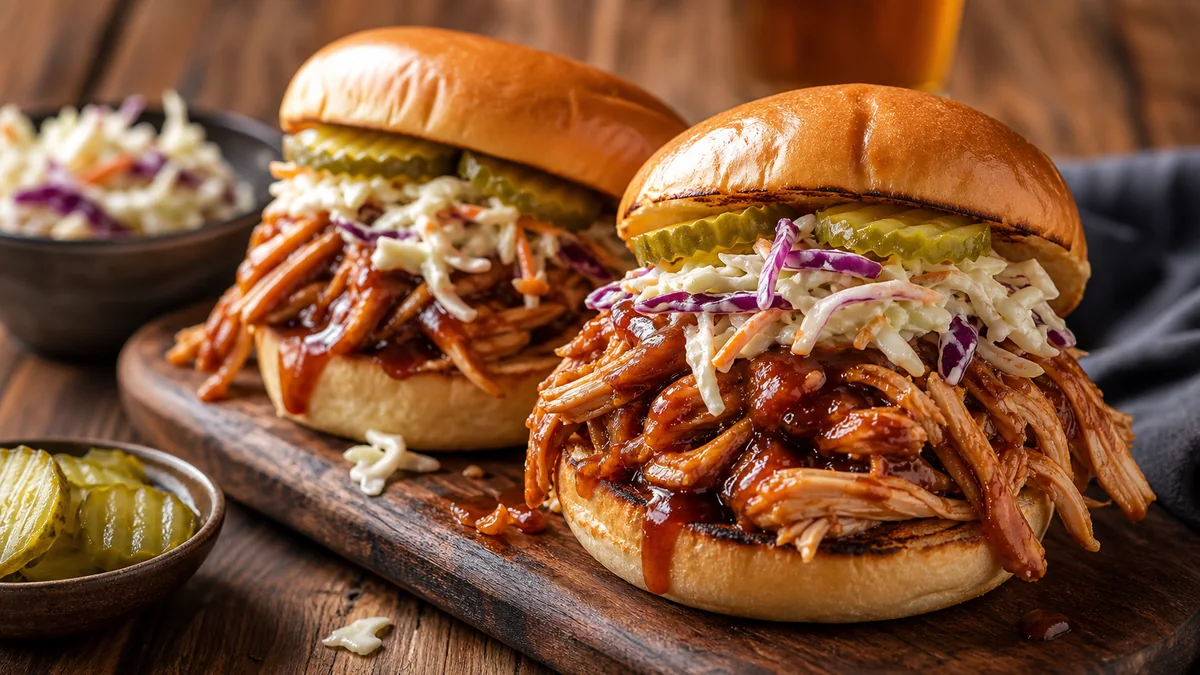 Slow Cooker BBQ Pulled Chicken Sandwiches plated as a finished recipe for Mind of Griff.