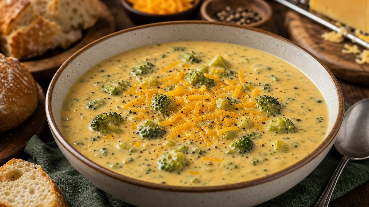 Smoked Gouda Broccoli Cheddar Soup plated and ready to serve.