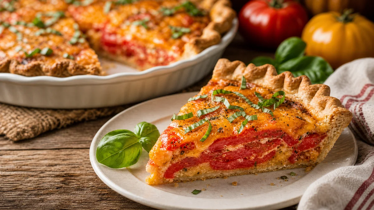 Southern Tomato Pie with Cheddar and Basil plated and ready to serve.