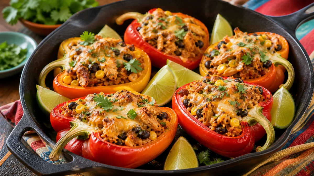 Southwest Chicken Stuffed Peppers plated as a finished recipe for Mind of Griff.