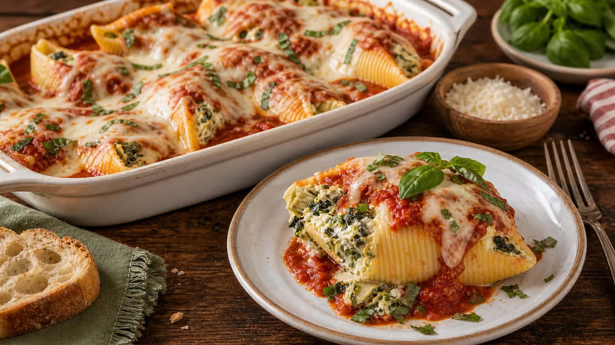 Spinach Artichoke Stuffed Shells plated and ready to serve.