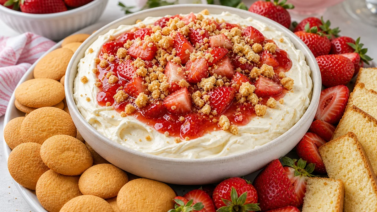 Strawberry Shortcake Cheesecake Dip plated and ready to serve.