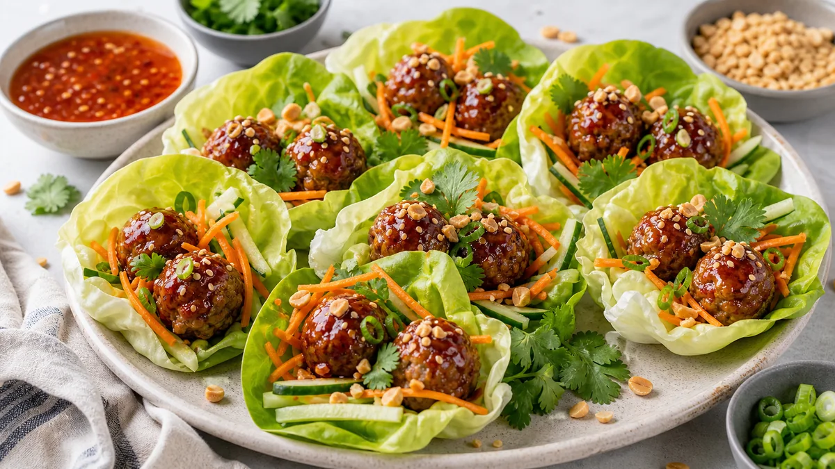 Sweet Chili Meatball Lettuce Wraps plated and ready to serve.