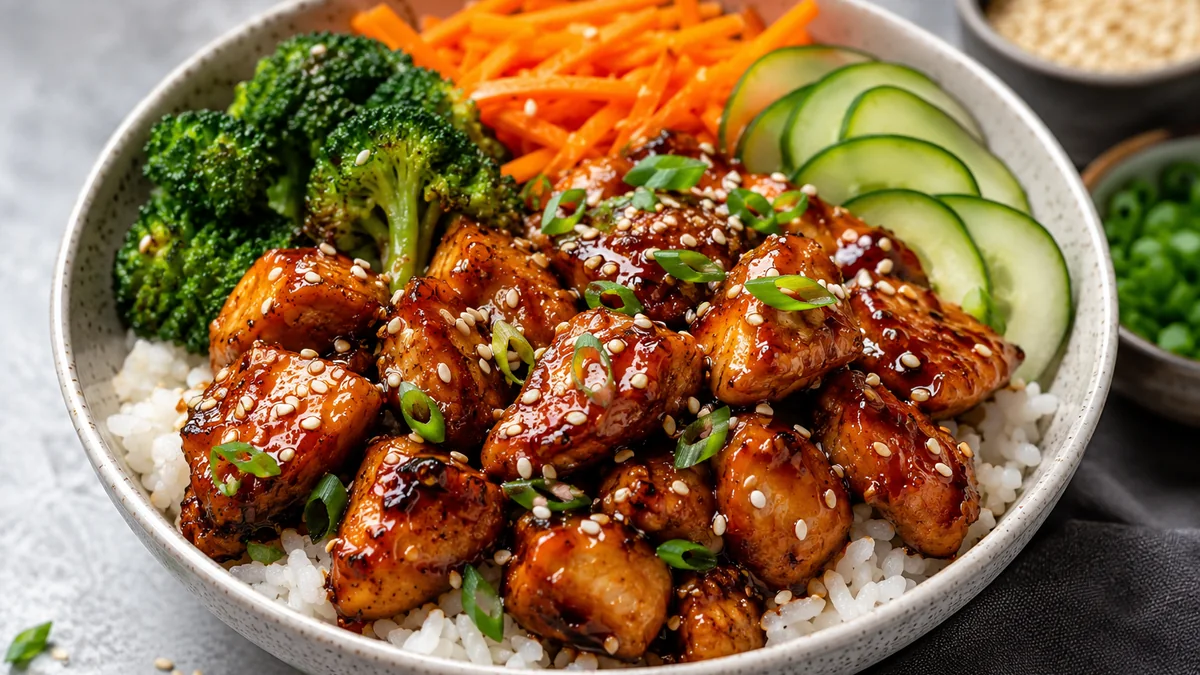 Sweet and spicy honey garlic chicken rice bowl with broccoli, carrots, cucumber, sesame seeds, and green onions.