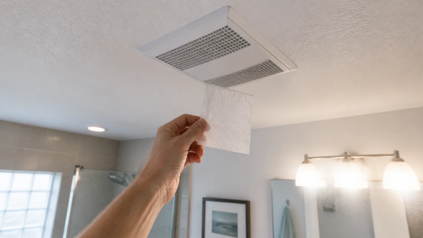 Homeowner holding toilet paper below a bathroom ceiling fan to check its suction.