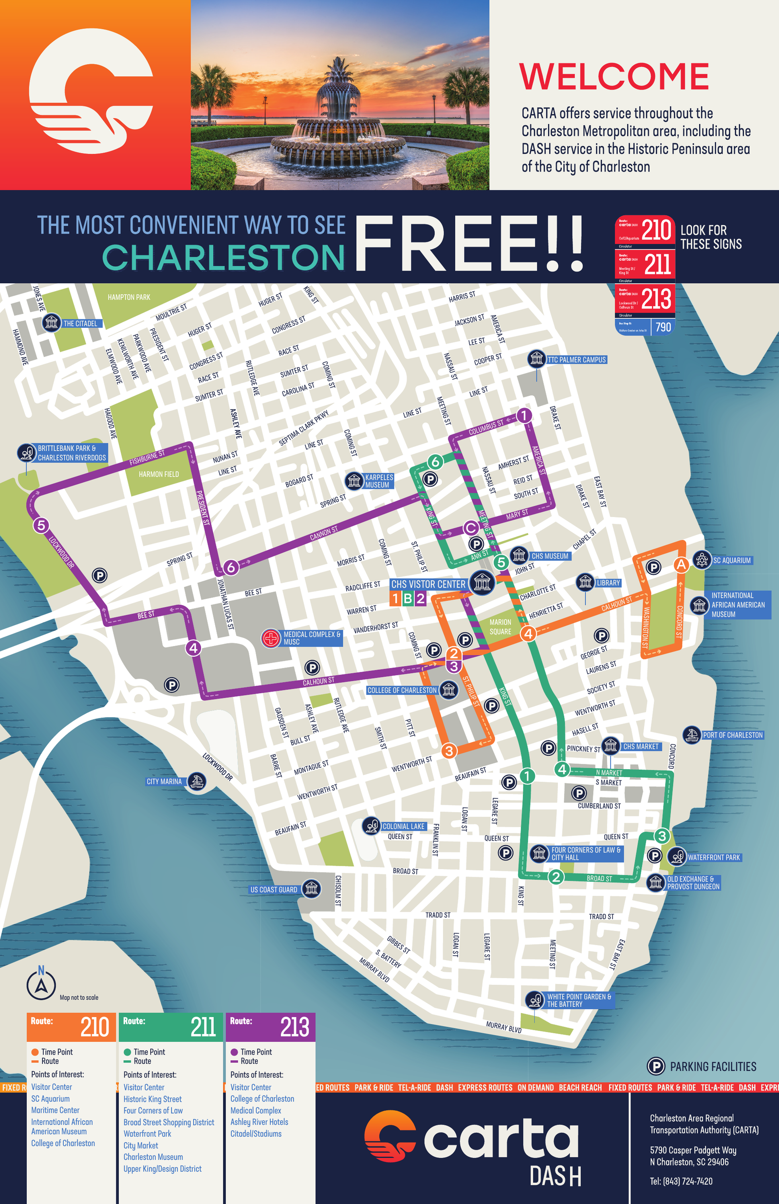 Official CARTA map of free DASH shuttle routes 210, 211 and 213 in downtown Charleston