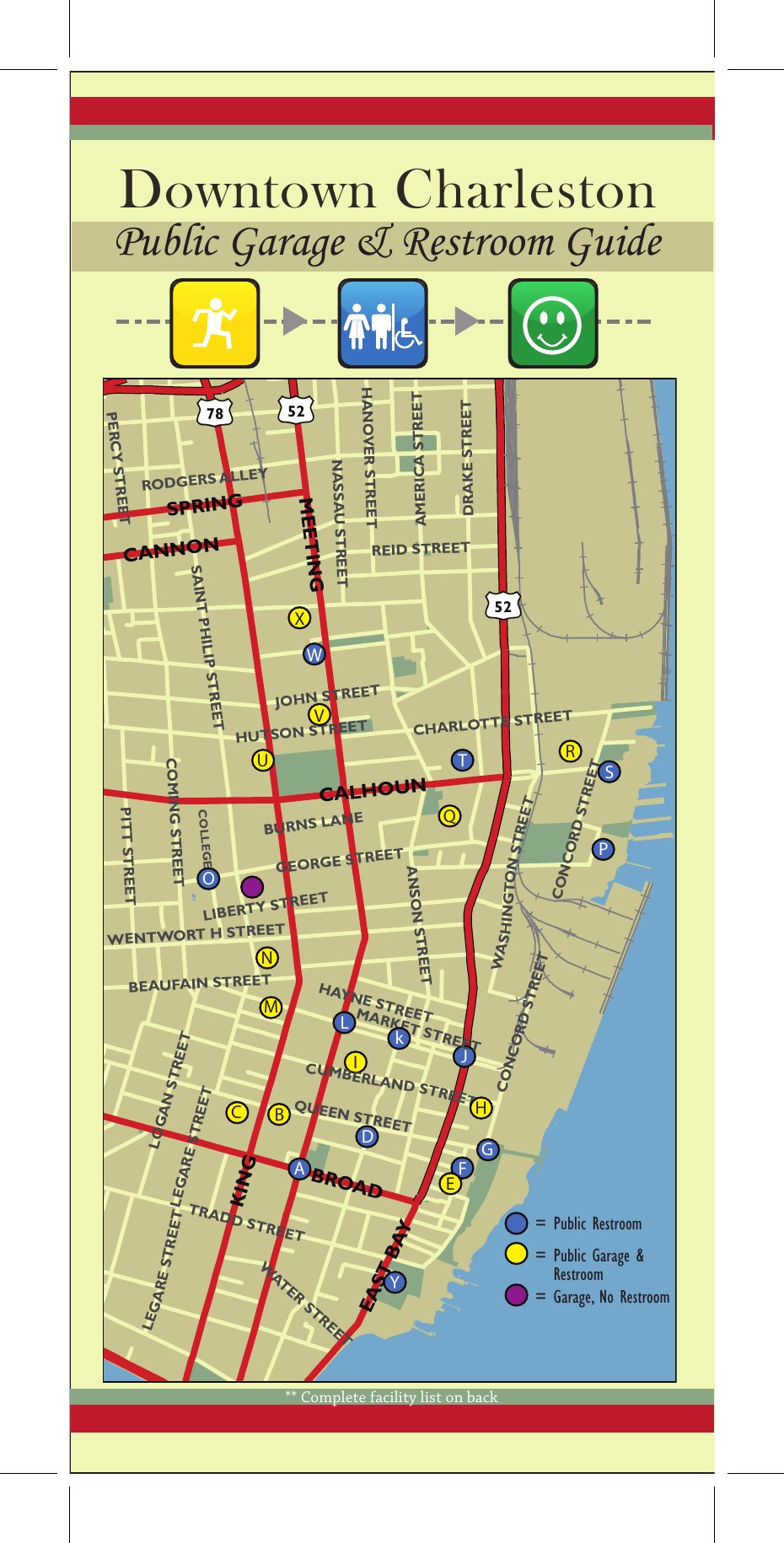 Official map of public parking garages and public restrooms in downtown Charleston, South Carolina