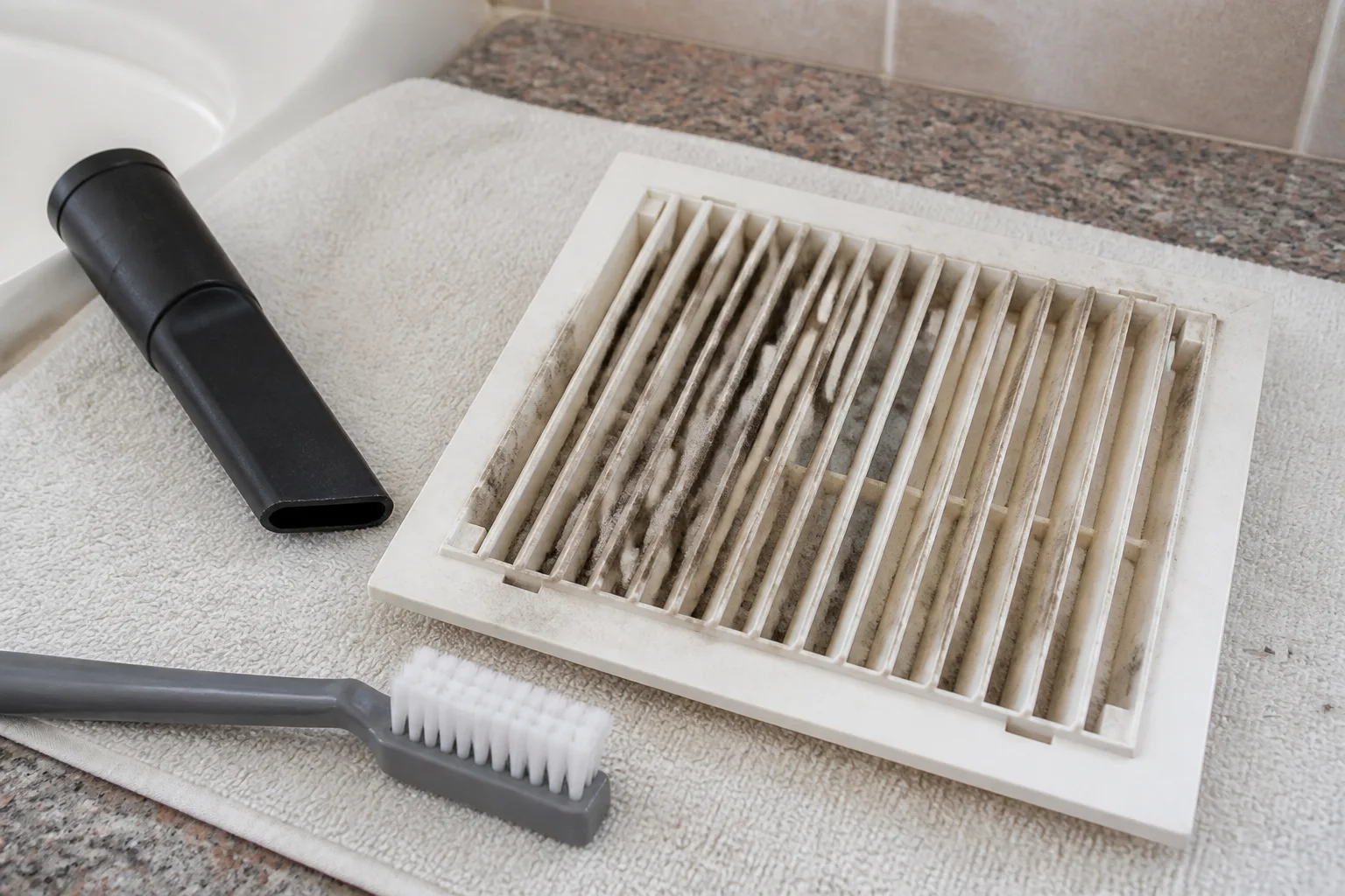 Dusty bathroom exhaust-fan grille removed for cleaning with a soft brush and vacuum attachment