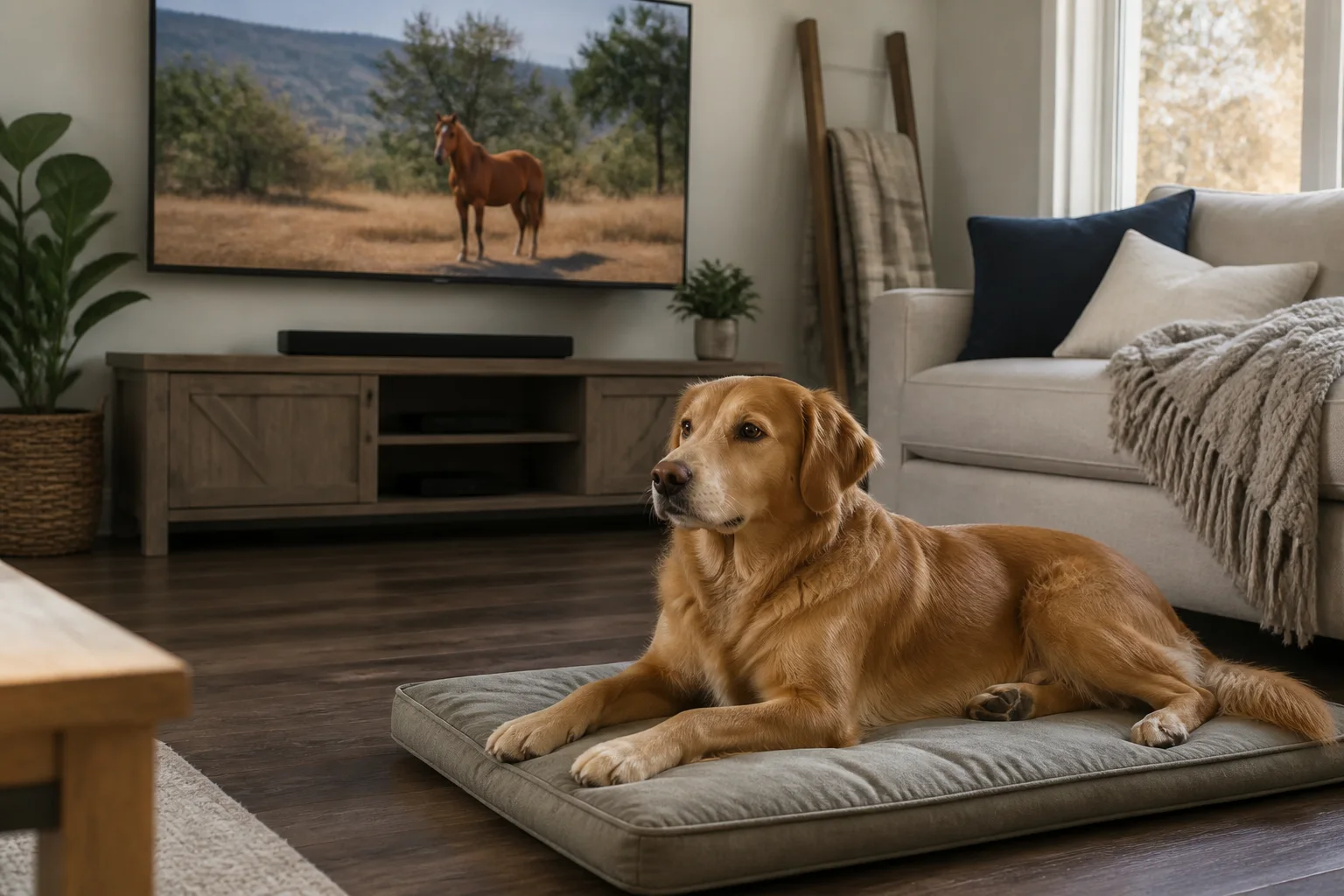 Dog lying calmly on a mat while a horse appears on television in the background