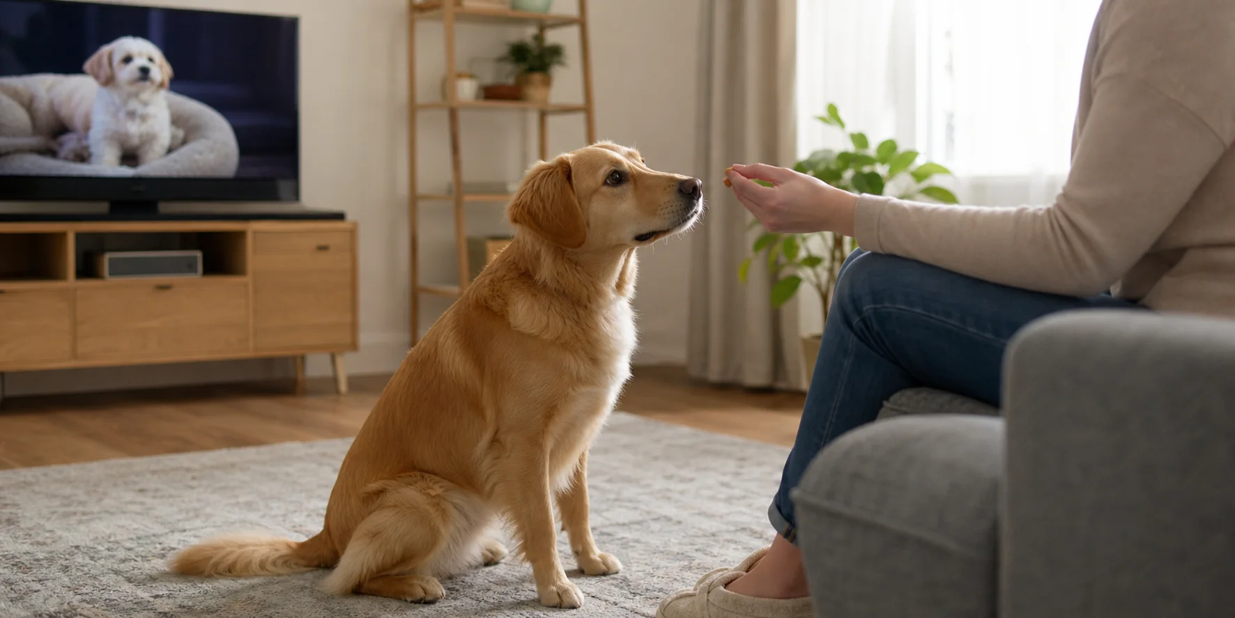 Dog looking away from an animal on television to receive a reward from its owner