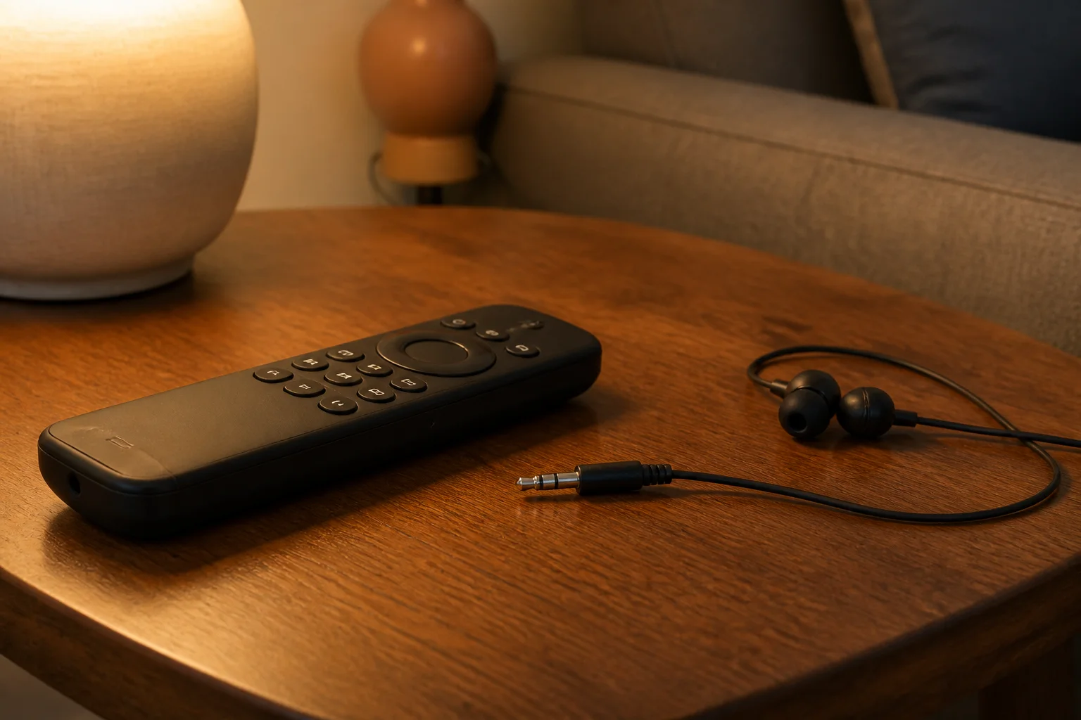Wired earbuds unplugged from a wireless streaming remote on a side table